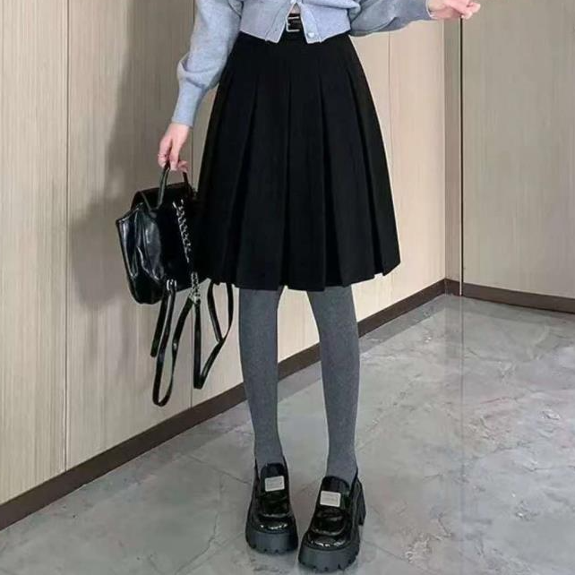 YH-3199高腰百褶裙小个子百搭学院风半身裙大码胖MM显瘦遮胯秋冬