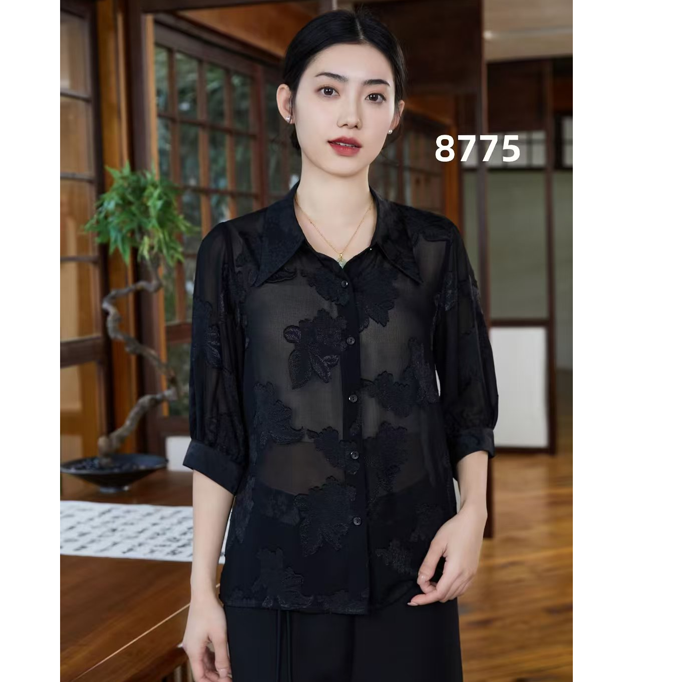 YX8775（聚水潭）休闲风时尚国风衬衣复古宽松气质女士丝丝衣