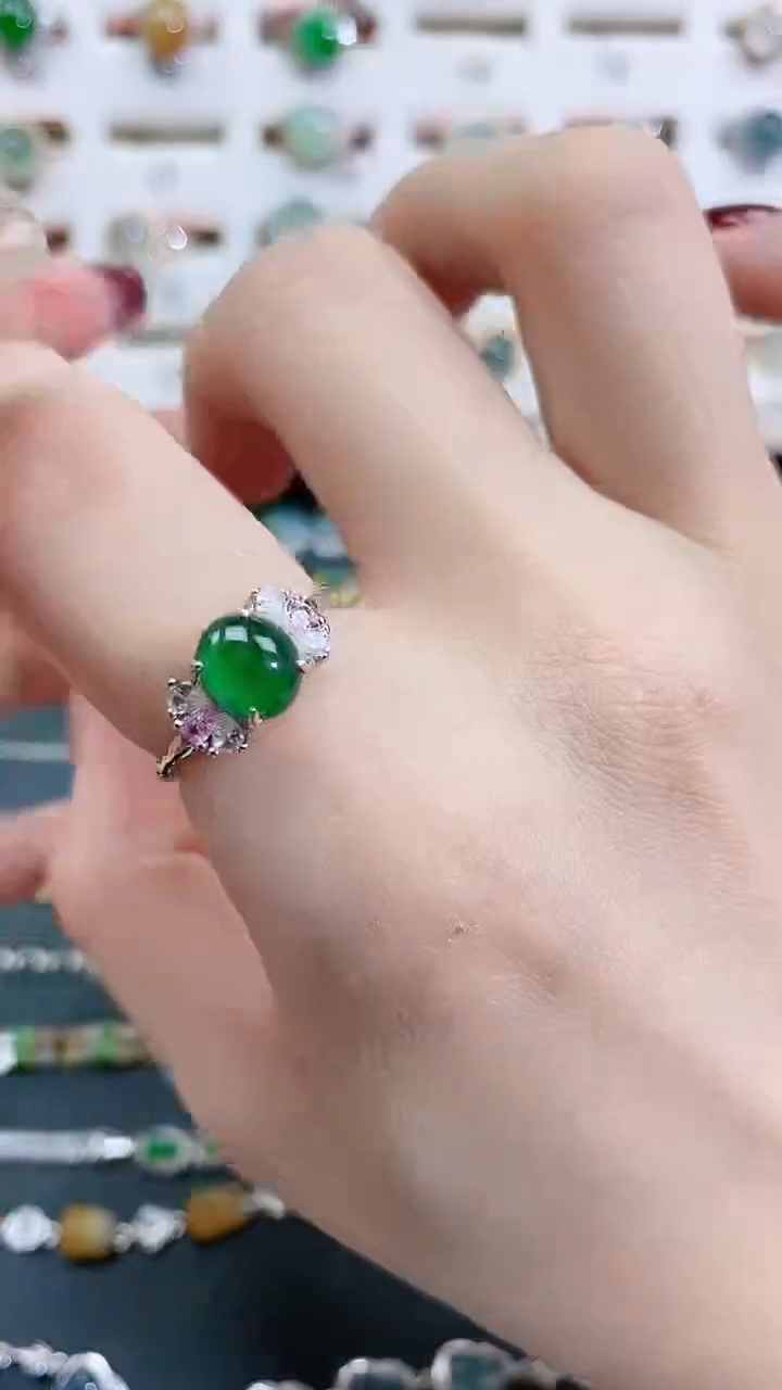 银S925镶嵌戒指翡翠 天然翡翠