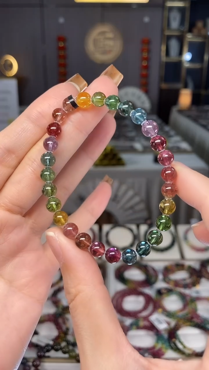 未镶嵌冰透净体老矿碧玺彩虹单圈手串6mm+碧玺dan多样性发货一条