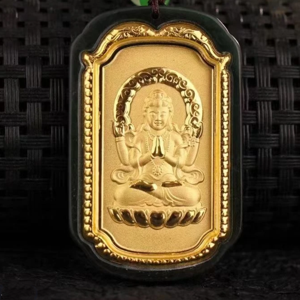 真金和田玉墨玉观音气质时尚百搭配珠链证书礼盒时尚镜面观音   