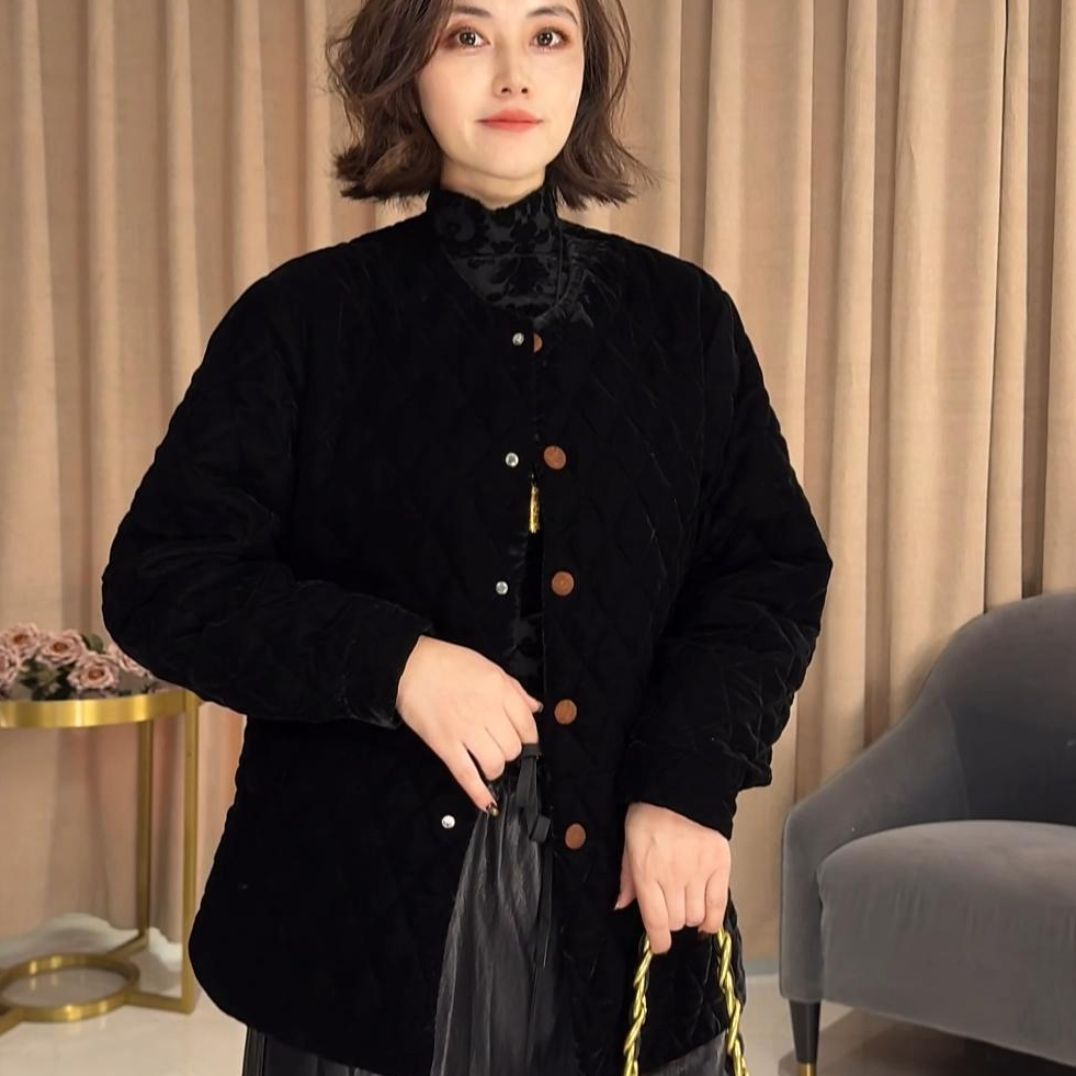 丝绒压格菱形格轻奢高级感洋气加厚网红棉衣棉服百搭保暖冬季外套