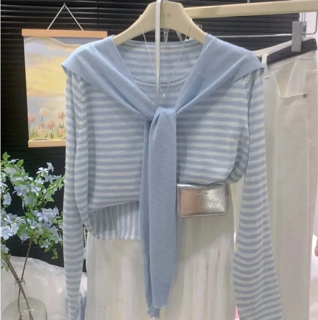 早秋新款多巴胺披肩条纹冰丝针织衫女秋季韩系穿搭两件套上衣薄