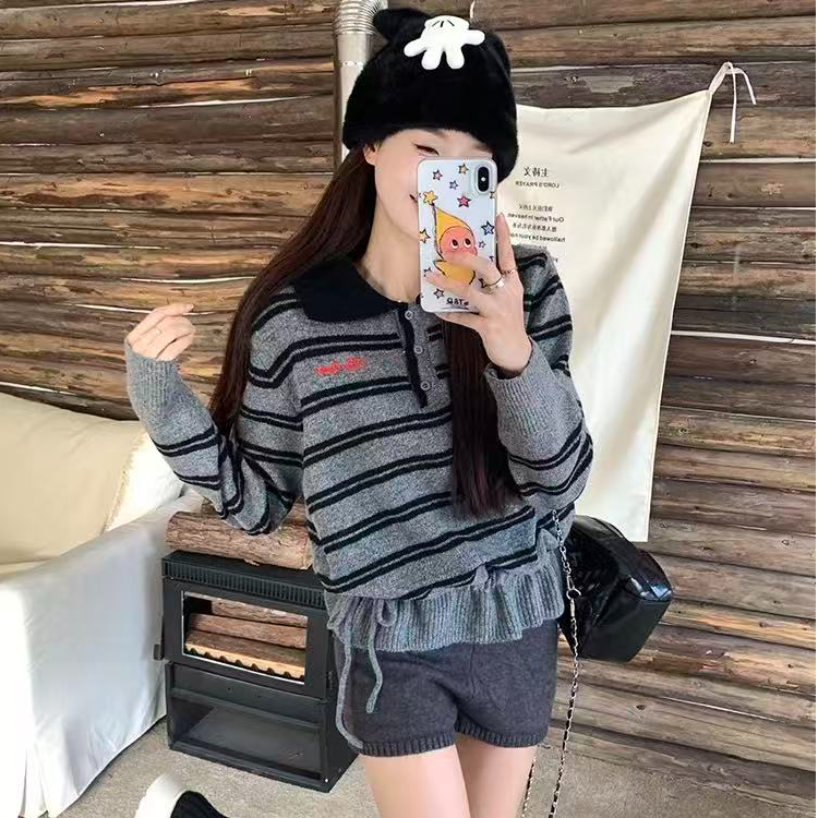 韩系气质百搭条纹polo领长袖针织毛衣女2025秋季新款大码胖mm潮流