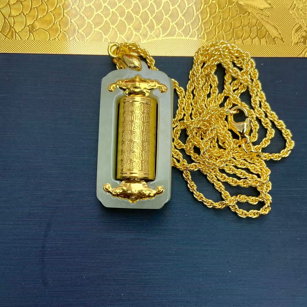 真金足金黄金和田玉转经筒吊坠-带证书带礼盒