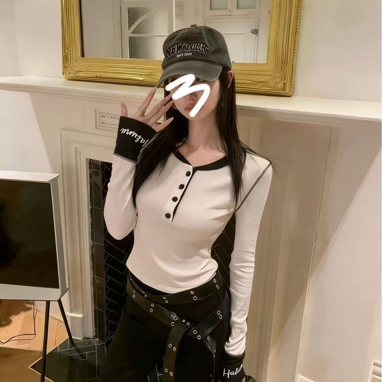 2025冬季加绒拼接撞色打底衫修身显瘦长袖T恤内搭上衣高级感9253