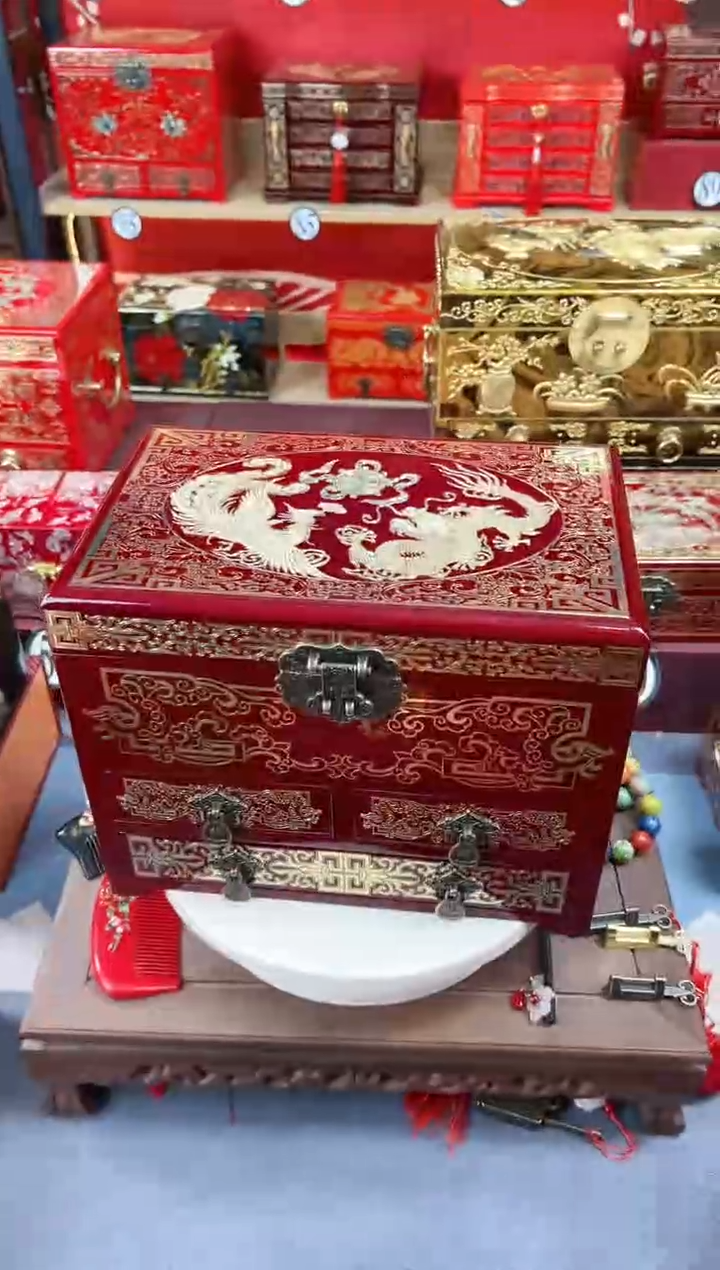 【闪购商品】28厘米新款四层三抽掐丝螺钿酒红龙凤