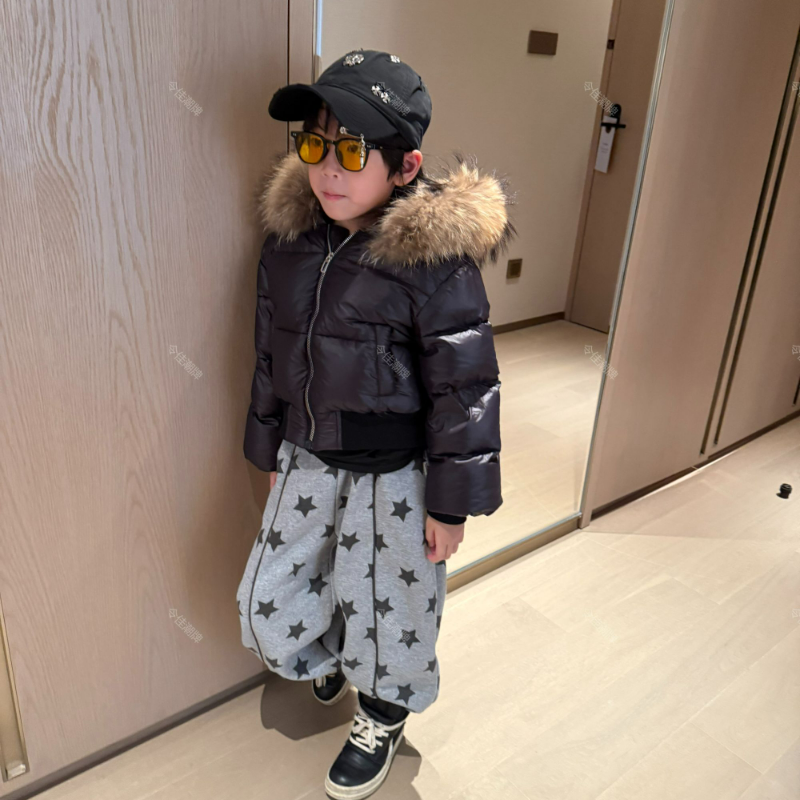 现 令佳潮牌冬款儿童中性黑色90白鸭绒毛领连帽保暖羽绒服3225