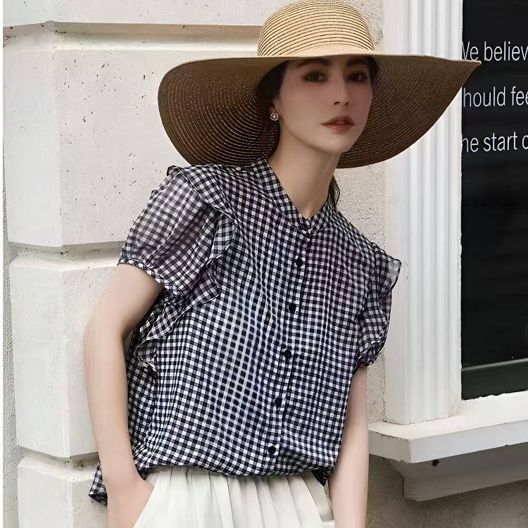 【夏季新品】减龄宽松格子碎花圆领休闲洋气时尚百搭小衫
