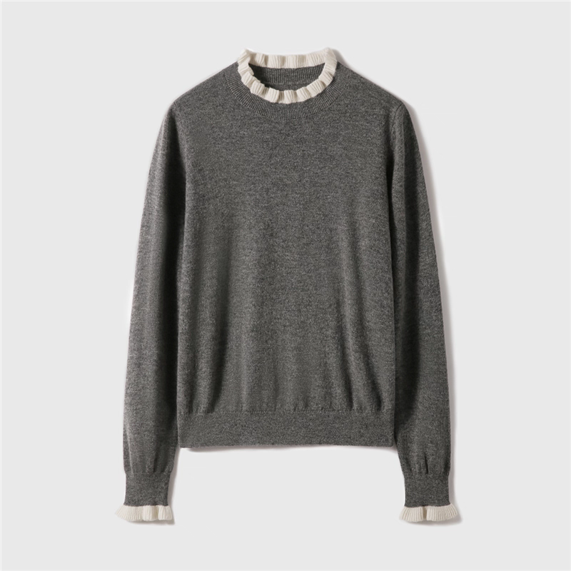 减龄气质木耳边撞色羊毛毛衣冬季别致小立领假两件针织毛衣女百搭