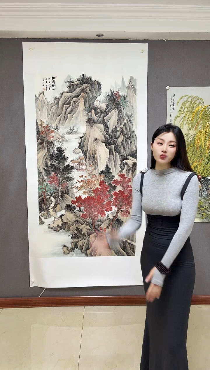 国画手绘国画仿古山水画《松间听涛，江上观云》