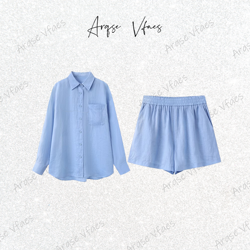 *25新款艾家甜酷冰河蓝休闲百搭套装-衬衫短裤50419288