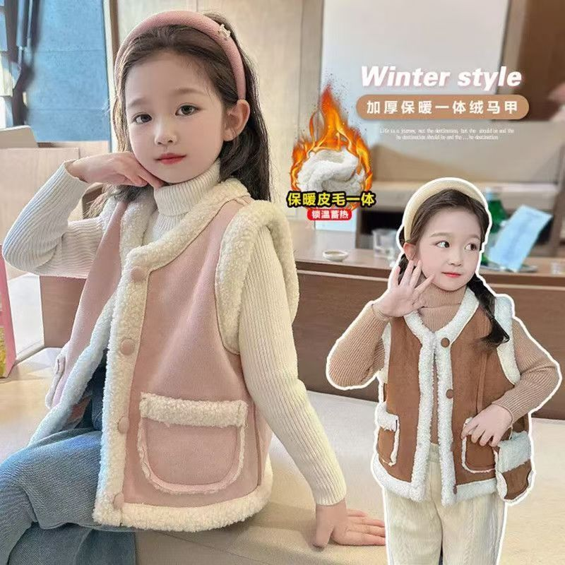 新款女童秋冬加绒马甲2025背心儿童坎肩加厚皮毛宝宝一体外套