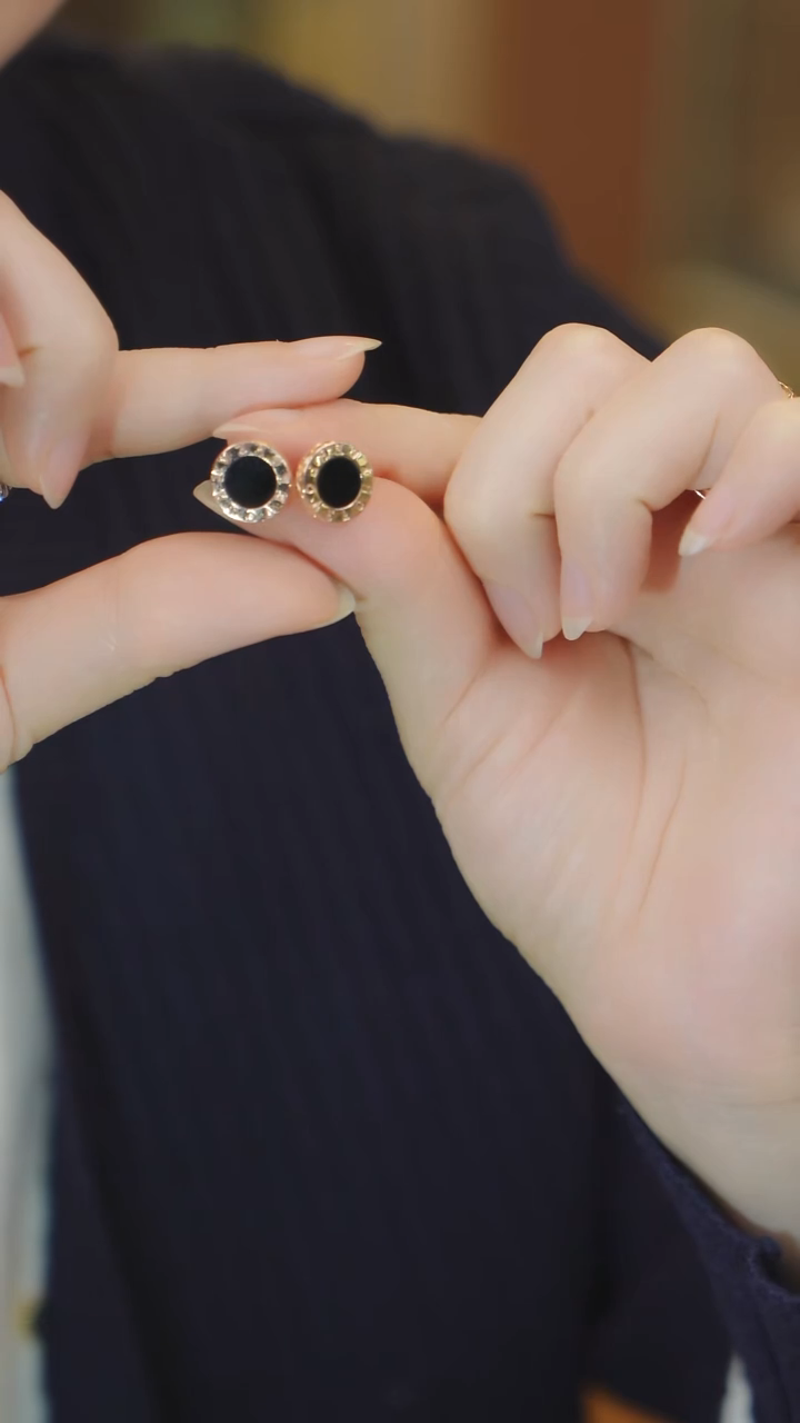 18K金镶嵌耳饰玛瑙/玉髓黑饼