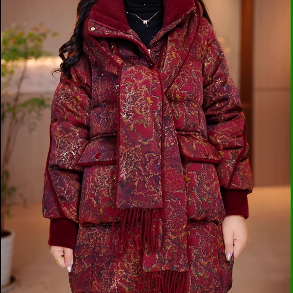 大码棉服保暖拼接连帽珍珠缎暗纹提花面冬装冬季女士宽松洋气