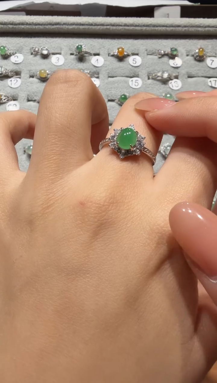 银S925镶嵌戒指翡翠缅甸A货翡翠戒指