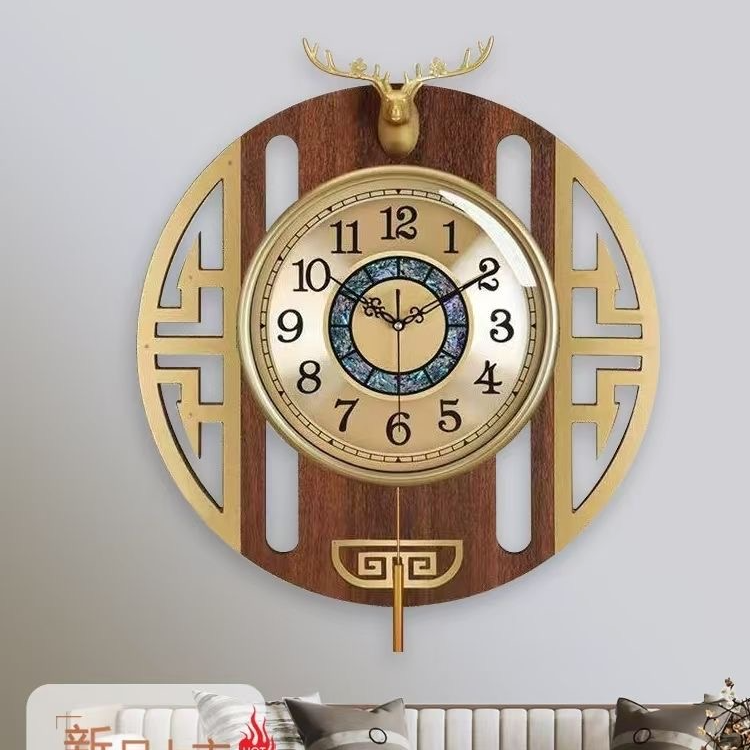 三五客厅静音实木挂钟大气个性石英钟胡桃木新中式可拆卸石英钟