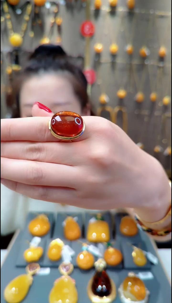 【闪购商品】血珀戒指银S925镀金镶嵌H864琥珀戒指