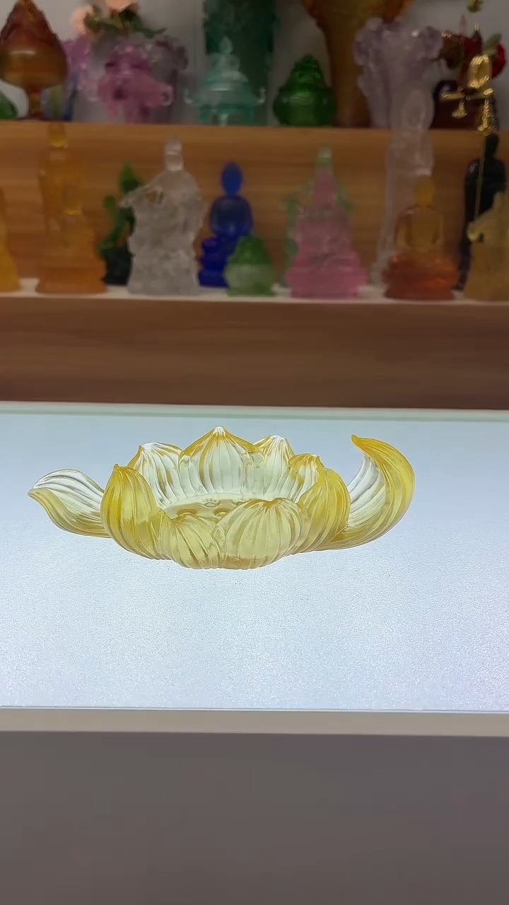 琉璃手工艺品琥珀金色花开见佛底座17公分