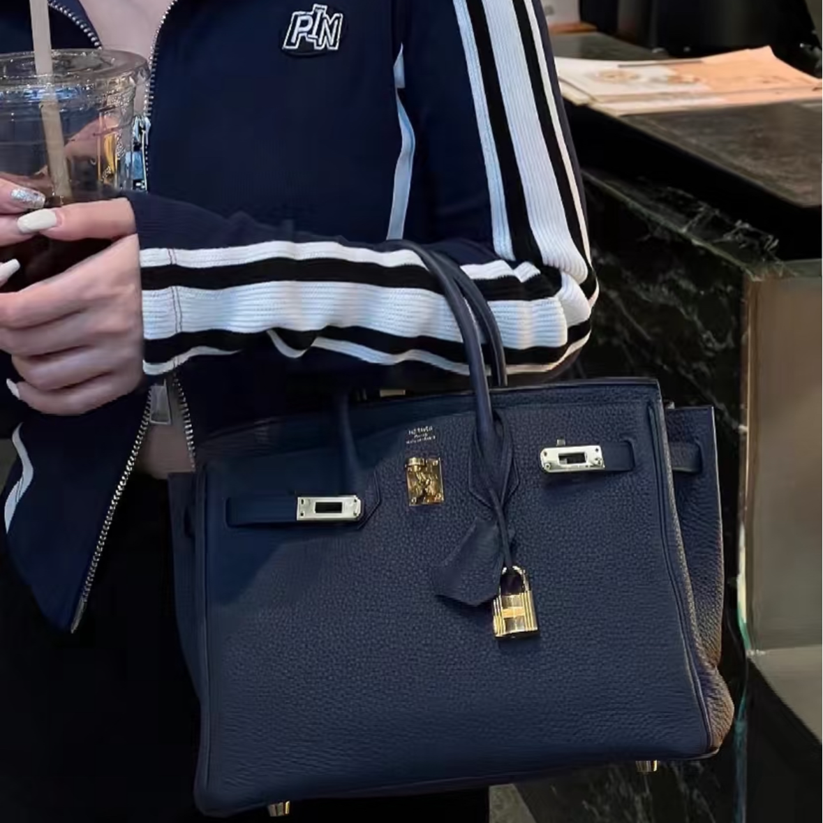 99新 Hermes/爱马仕 小花Jerry Birkin 25 wy蓝 Togo皮 Y刻手提包