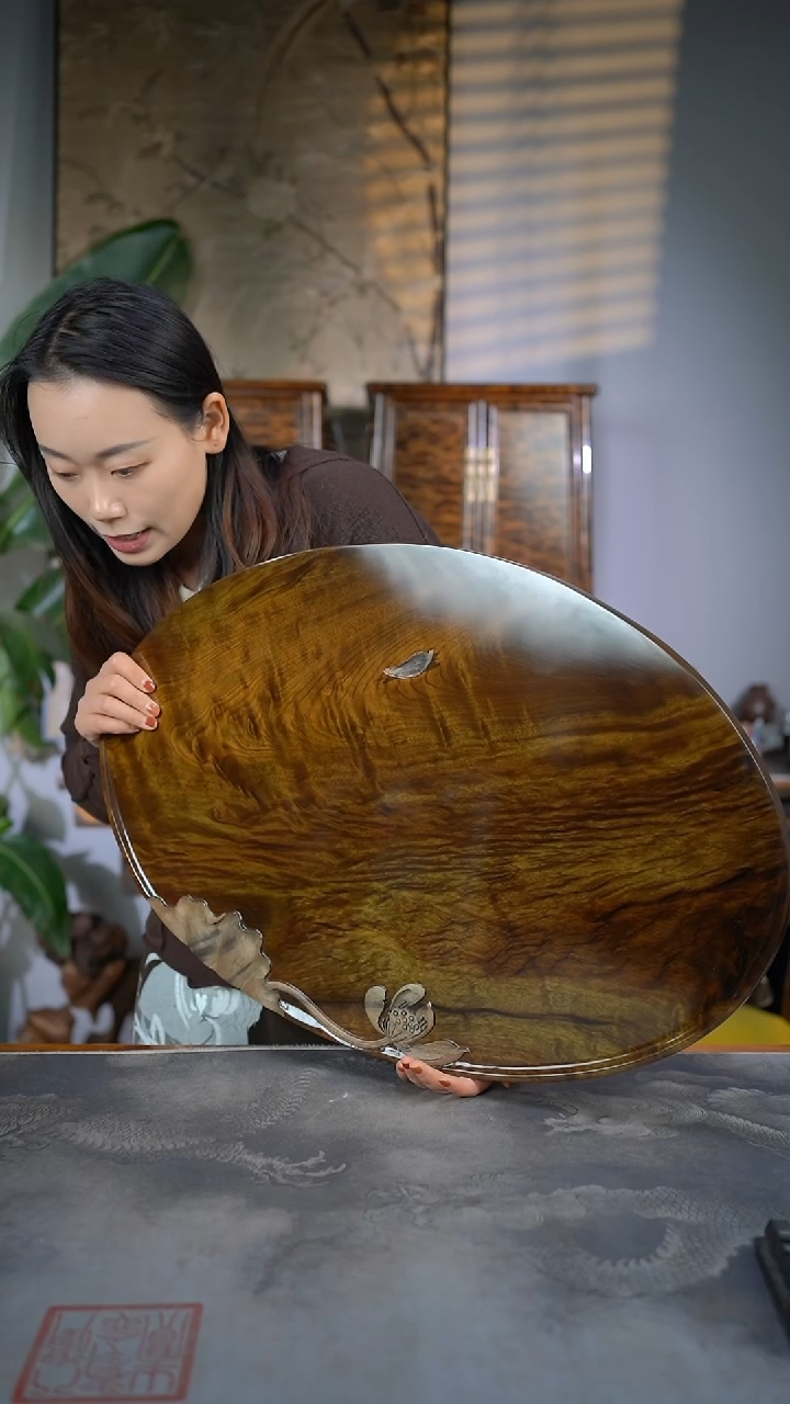 【闪购商品】金丝楠木雕满水波精工荷花干泡茶盘509