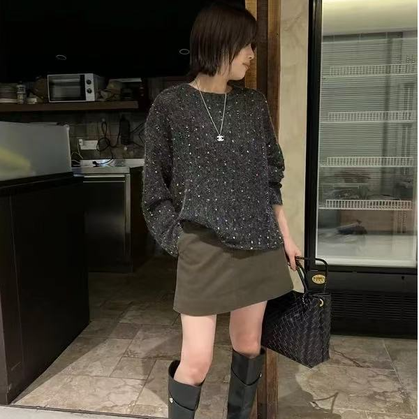 【羊驼绒长毛】秋季新款宽松韩版幻彩亮片长袖针织衫百搭套头女上衣
