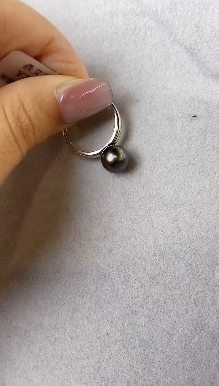 【闪购商品】海水珍珠戒指银S925镶嵌8-9大溪地黑珍珠戒指