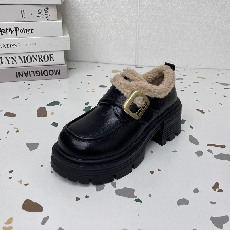 【断码清仓】复古休闲乐福鞋高跟厚底小个子加绒棉鞋皮带扣女增高