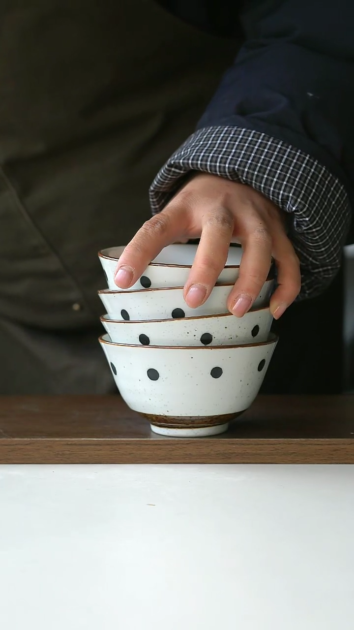 【闪购商品】陶瓷波点米饭碗4只装10cm瑕@4-2@