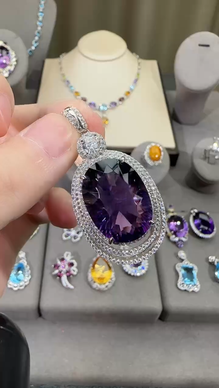 颈饰银S925镶嵌紫晶15*21mm鸽子蛋吊坠高级款