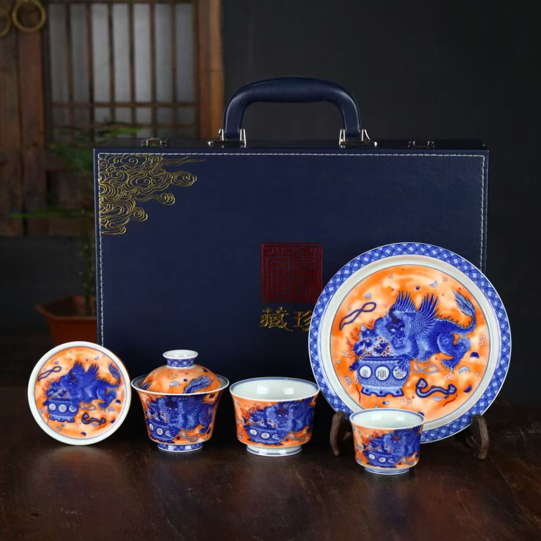 【景德镇】矾红麒麟献宝精品品茗5件套盖碗壶承盖碗主人杯客杯盖置