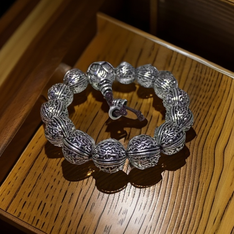 足银手链 足银990核桃手串原创设计男民族风皮质饰品欧若智性风