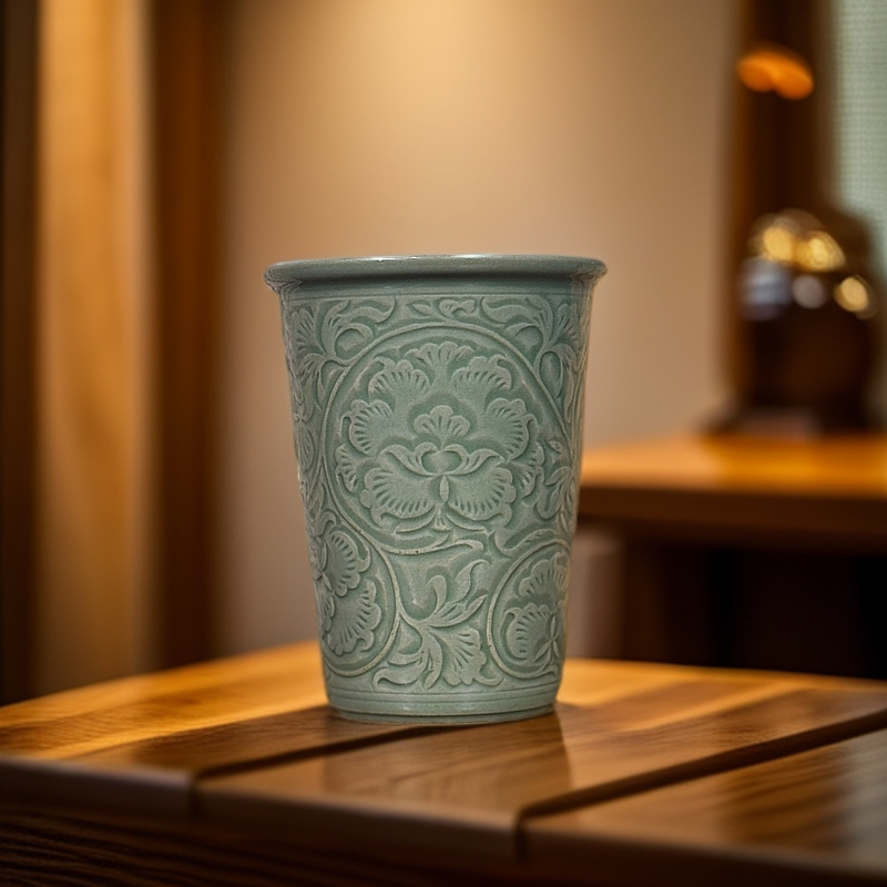 长安知己微瑕300ml牡丹可乐杯耀州窑原矿高温青瓷水杯陶瓷茶杯