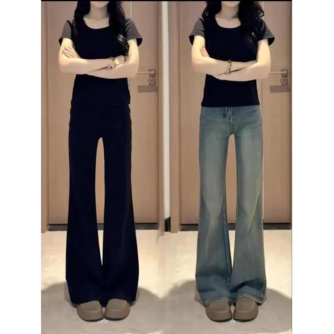 【现货+加绒】早秋新款复古微喇牛仔裤女高腰弹力修身显瘦