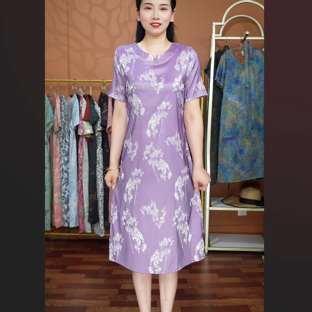 【紫韵圆领】2025夏季妈妈装气质短袖连衣裙洋气中老年女装宽松长裙