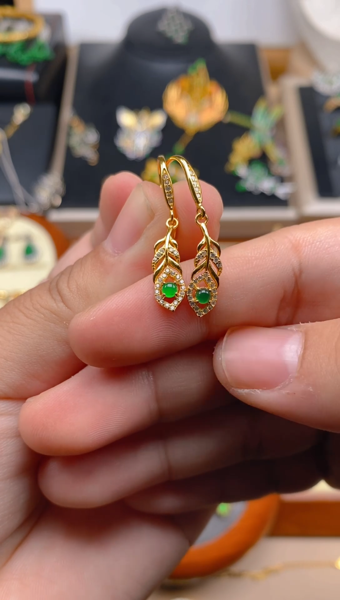 【闪购商品】翡翠耳饰银S925镶嵌羽毛