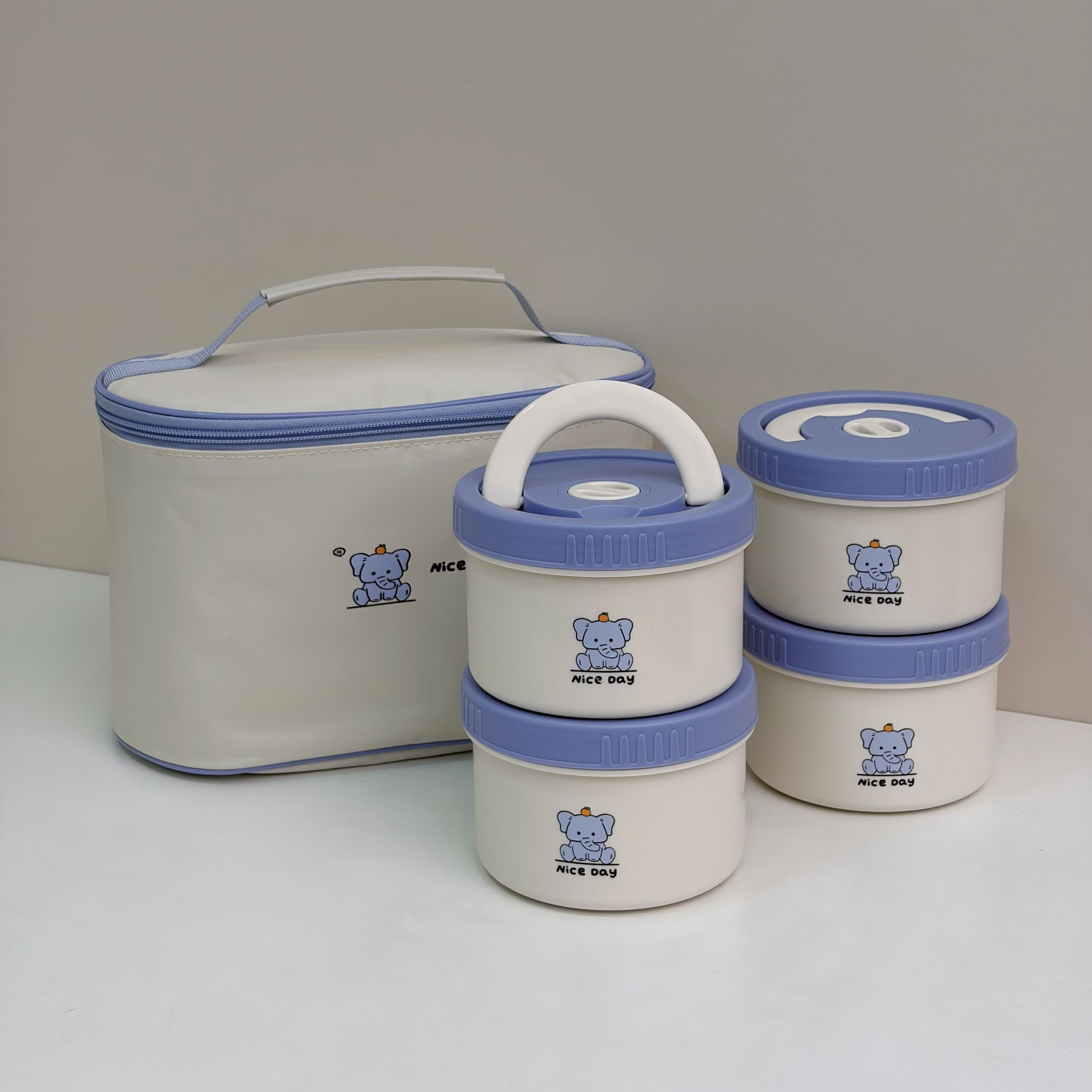 【4个装】18/10不锈钢圆形饭盒卡通小吉象便当盒带盖提手学生上班族