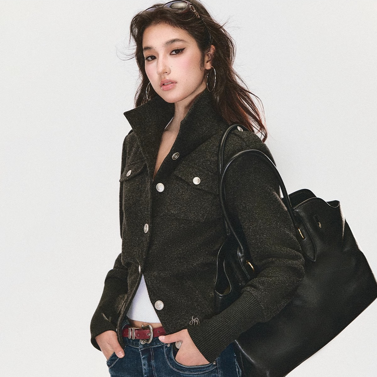 工厂清货 收腰立领外套女显瘦修身夹克复古通勤百搭上衣罗口拼接