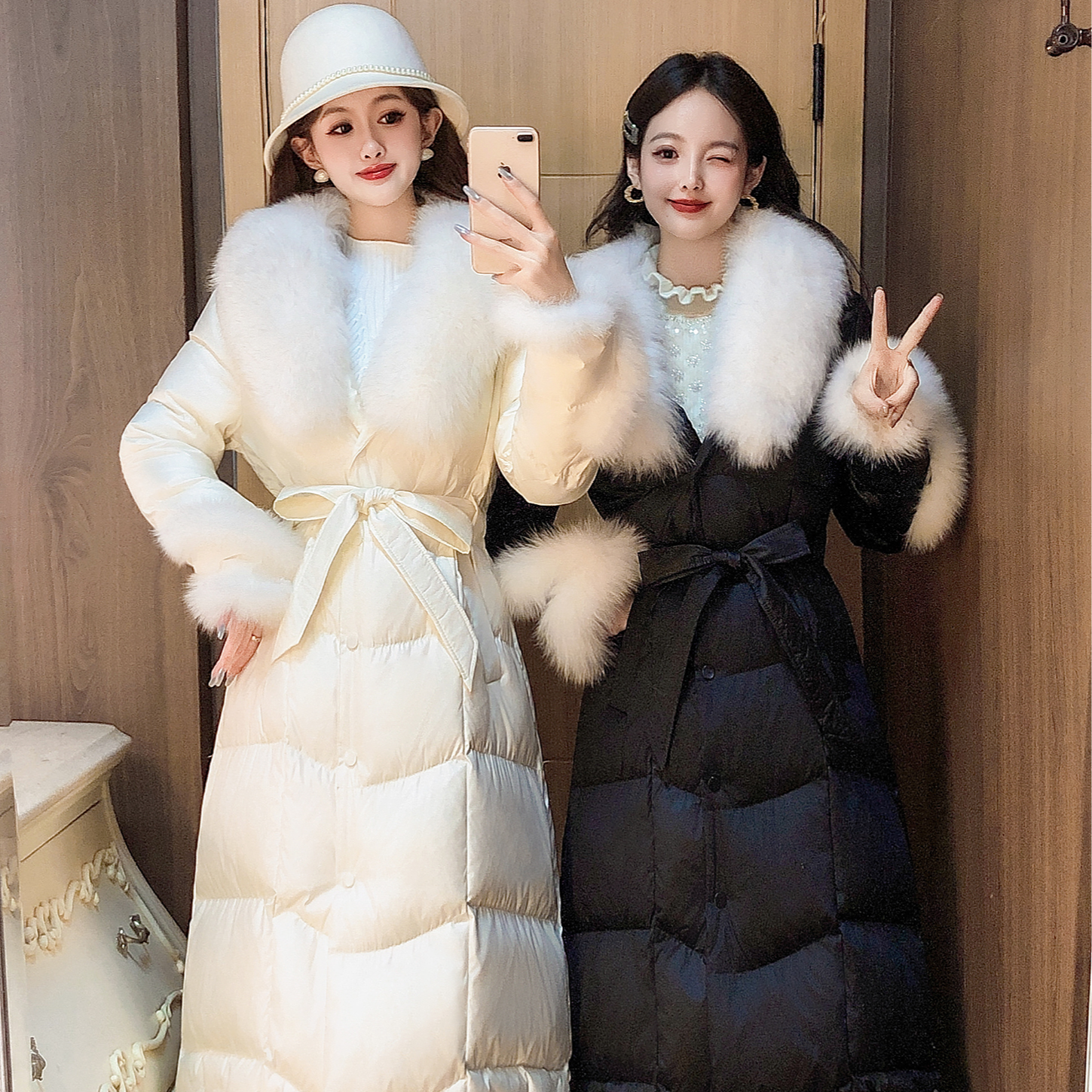 艾日秀高级感时尚气质蕾丝拼接宽松收腰加厚保暖中长款外套H0074