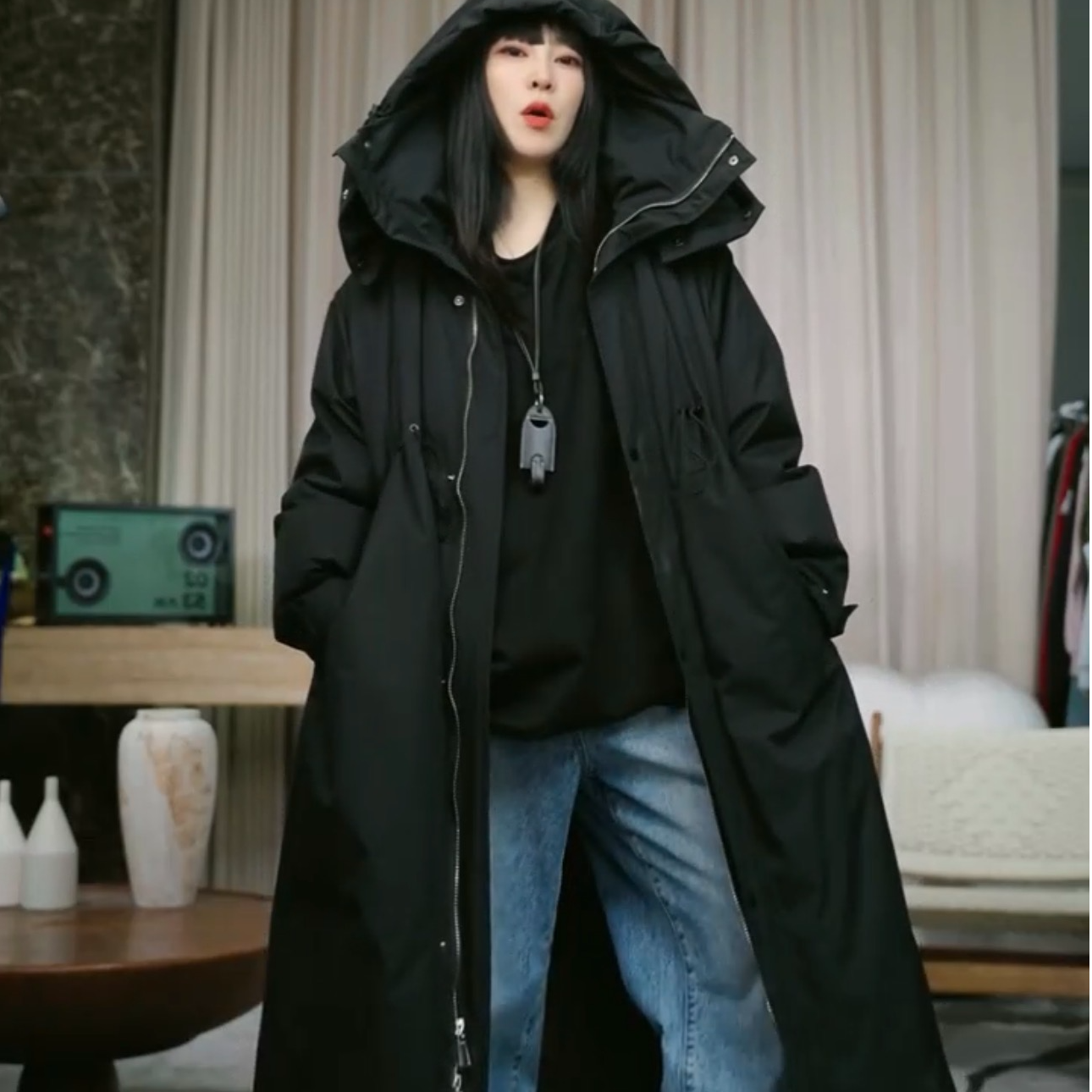 infobyfive罘蠡秋冬新款时尚连帽工装抽绳羽绒服2DJ2203