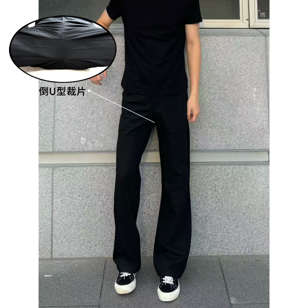 有裤上新裆部U型裁片高级感撞钉设计三本针色纺工艺直筒微喇西裤