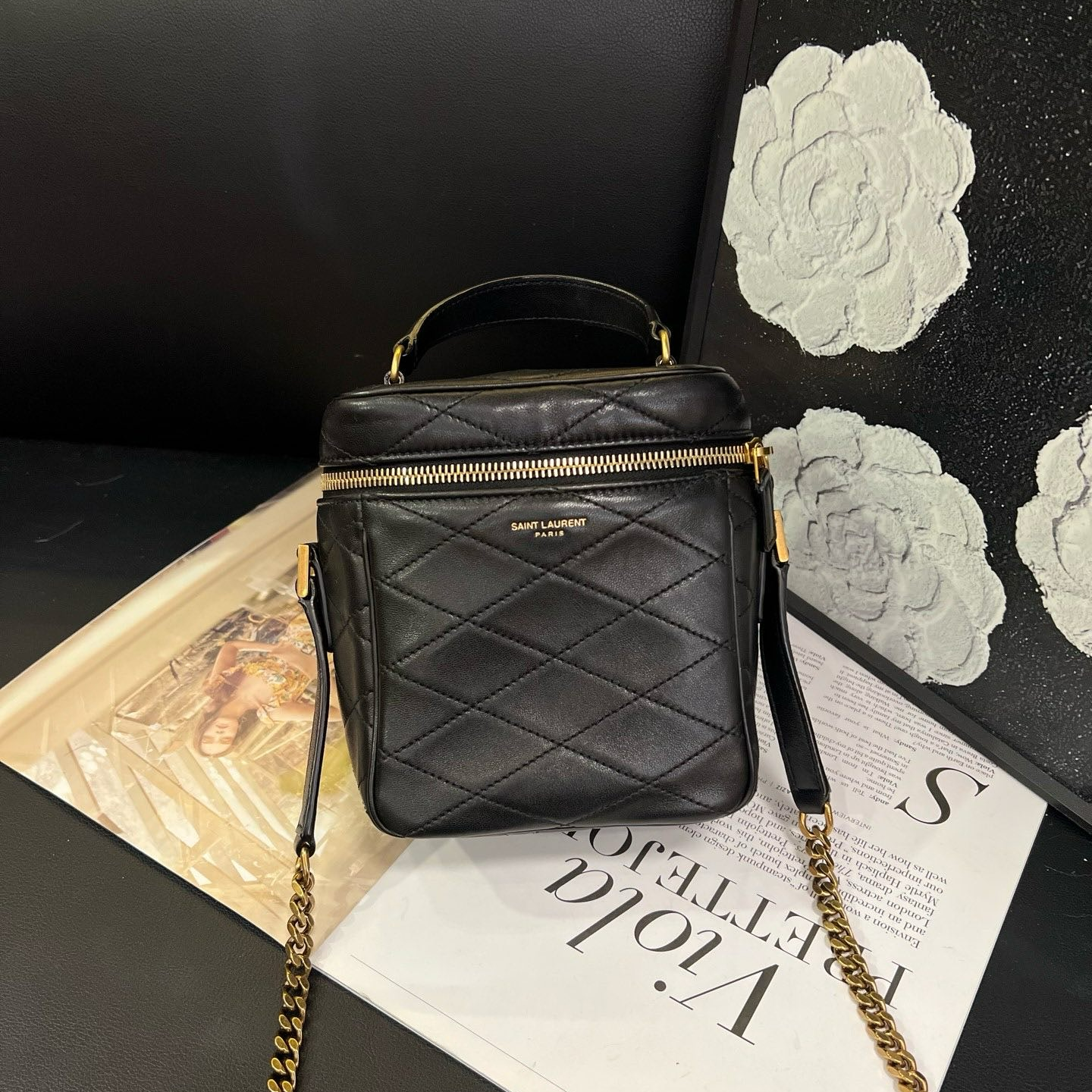 95新 YSL/圣罗兰 黑金化妆盒斜挎包B4131