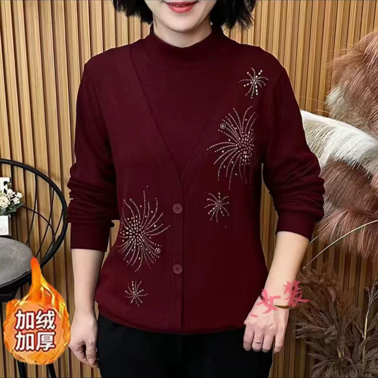 2503#【加绒加厚】女士加绒加礼花烫钻保暖上衣（3色可选）