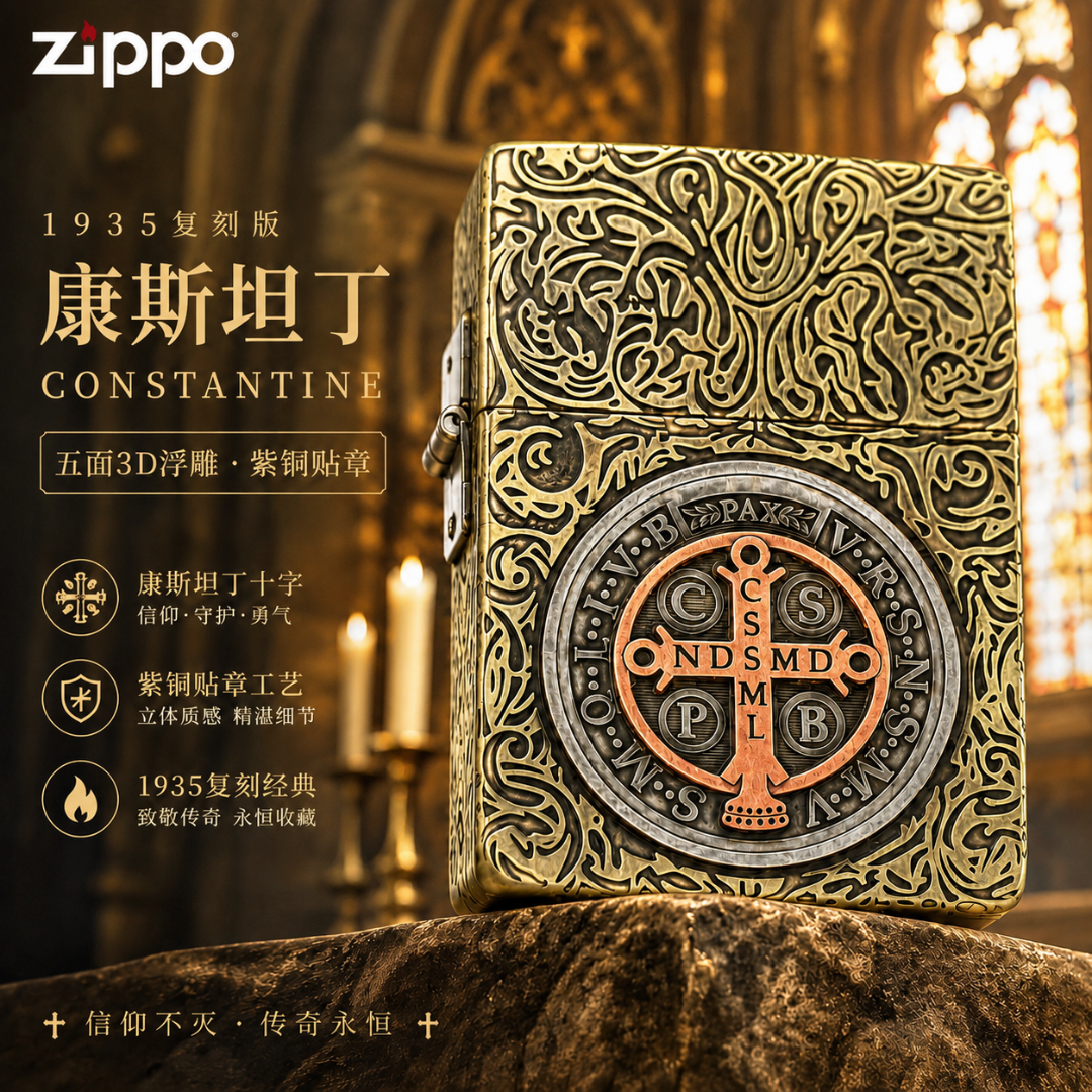 ZIPPO/之宝古典复刻1935.25五面3D浮雕紫铜贴章康斯坦丁Zippo火机