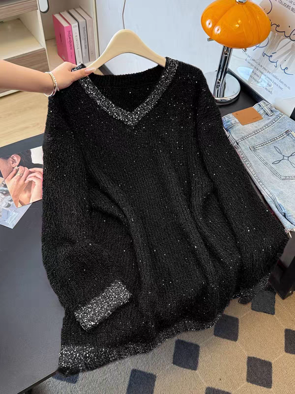 韩版慵懒风v领刺绣大码毛衣