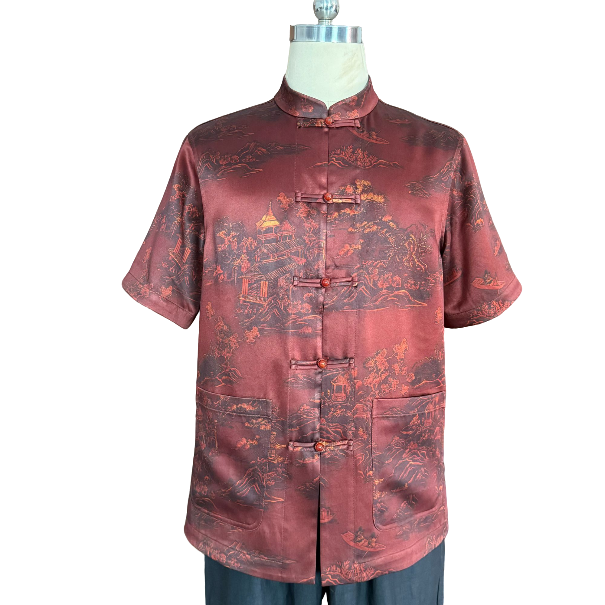 2025新款 香云纱亭台楼阁重锻男士短袖上衣 新中式唐装中国风立领