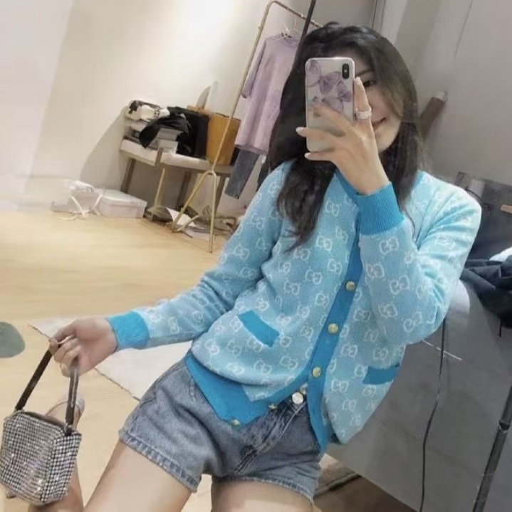 95新 GUCCI/古驰 潮奢豆 严选/蓝色logo提花满印羊毛外套/H12754