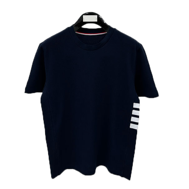 侧边四杠男女同款针织冰凉质感短袖T恤夏季百搭短袖纯色深蓝青年