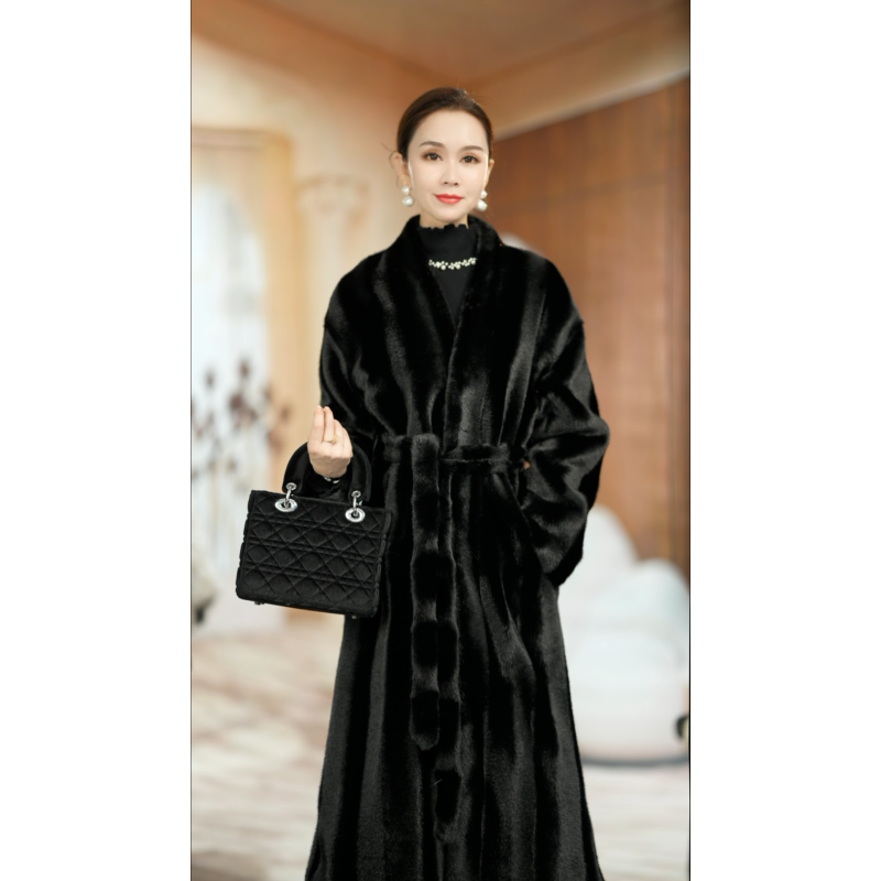 【洛十七】紫标抽刀工艺轻奢V领长款光泽宝嘉美级毛毛外套(衣长115)