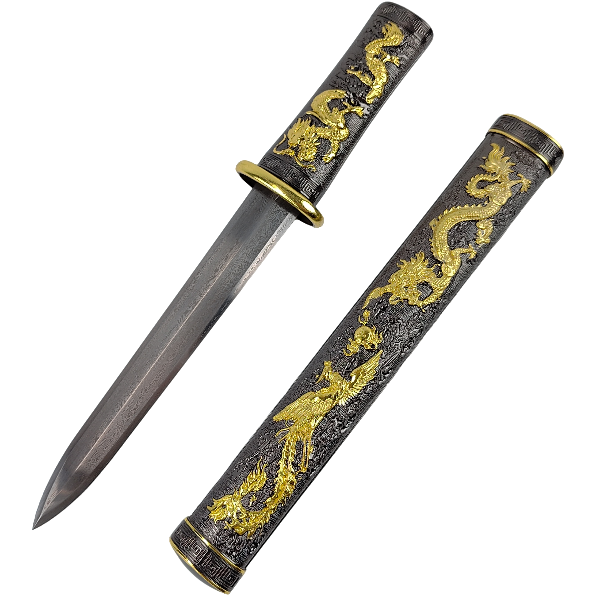 【11】龙凤呈祥短剑合金剑鞘手柄百炼花纹钢剑身不开刃工艺品